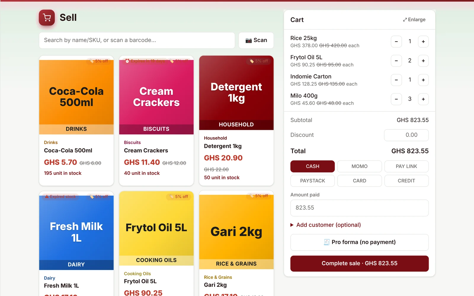 Safe Era POS sell screen with products and a cart